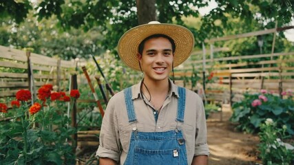 Poster - A person stands in a garden wearing a straw hat, ideal for outdoor use or illustration purposes.
