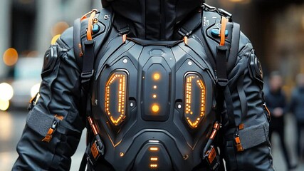 Poster - This person wearing advanced wearable tech with illuminated features walks through the city. Exoskeleton