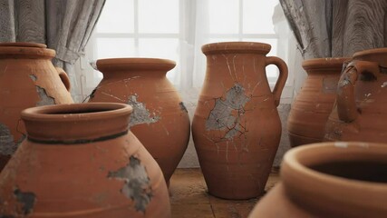 Poster - A collection of ceramics in various shapes and sizes placed next to a window, possibly waiting for decoration or display.