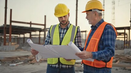Poster - Two workers in hard hats and vests examining blueprints on a construction site.