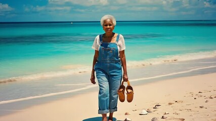 Fototapete - A woman walks alone along the shoreline with the ocean in the background.