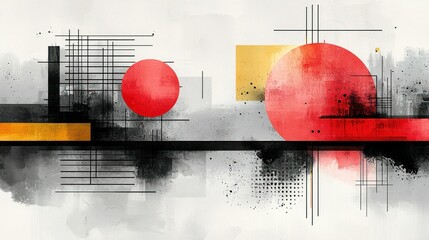 Poster - Abstract Geometric Composition: Red and Gold Circles on a Gray and Black Background