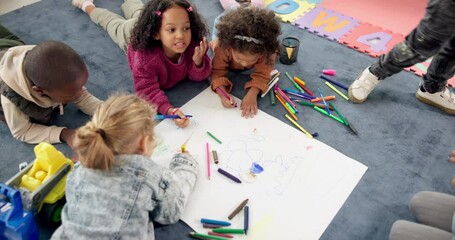 Poster - Poster, school and children drawing for art, learning and development in kindergarten classroom. Kids, above and group together for collaboration, education and students play on carpet at academy