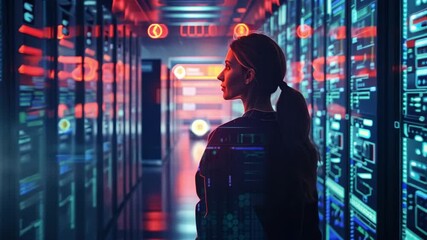 Poster - A woman stands in contemplation within a bustling data center, surrounded by illuminated server racks. The vibrant lights reflect her focus on data analysis.