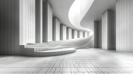 Poster - Abstract White Architecture: A Modern Design of Curved Staircase and Pillars