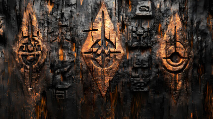 Wall Mural - Mythological bark with carved symbols and ancient glyphs, invoking a sense of history and mystery, mythology, digital art, carved detail. ancient glyphs. illustration. Mythic Glyphs. Illustration