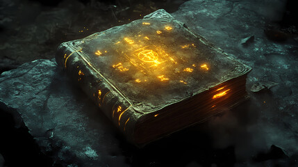 Wall Mural - Ancient tome with glowing symbols, its pages holding forgotten lore and mystical secrets on a stone surface. Forgotten Lore. Illustration