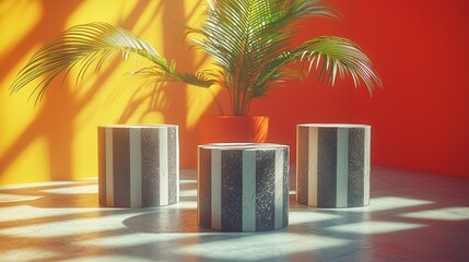Poster - Sunlit Minimalist Studio with Palm Plant and Striped Cylinders