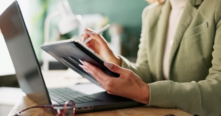 Poster - Woman, consultant and tablet with laptop at office for communication, connection and digital for networking. Female person, tech and typing for business, company or workplace as legal representative