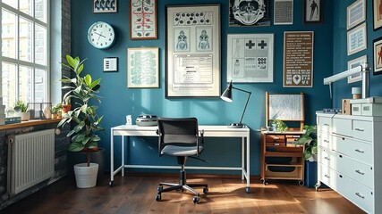 Aufkleber - This hospital office highlights medical charts on the walls and a stylish desk with plants.
