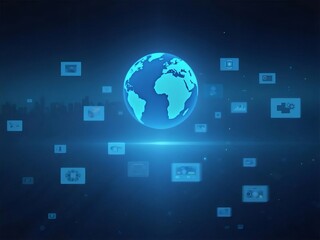 Poster - Digital Render Of Blue Pixelated Globe And Floating Interface Elements Against A Dark Night Sky