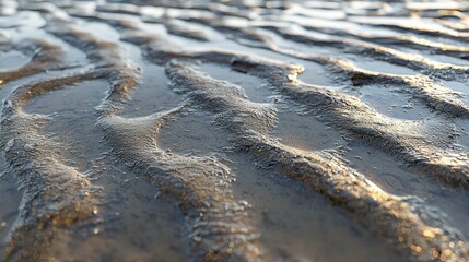 Poster - Sandy Beach Texture at Sunset: Rippled Sands and Shallow Water