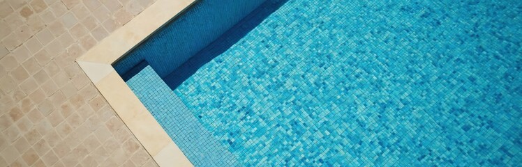 Poster - Aerial view of blue mosaic tiled swimming pool. Turquoise water. Clean transparent liquid surface. Steps. Summer vacation at spa resort. Hotel architecture with clear sky, relax and leisure.