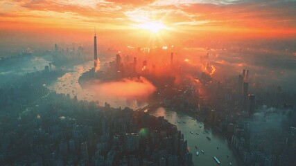 Aufkleber - A stunning view captures the Shanghai skyline at sunrise, as the warm colors illuminate skyscrapers and reflect on the Huangpu River below.