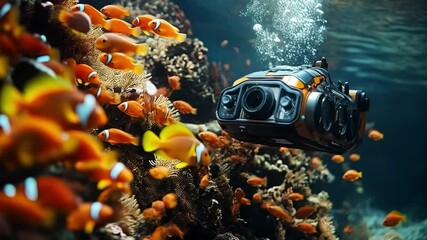 Aufkleber - A robotic device maneuvers through a colorful coral reef bustling with tropical fish. Researchers study marine life and ecosystems in this underwater expedition to enhance oceanic knowledge.