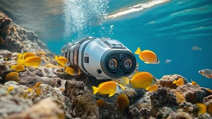 Aufkleber - Underwater robotics conducts research in a colorful coral reef, revealing diverse marine life including numerous yellow fish. The advanced technology captures the beauty of the ocean environment.