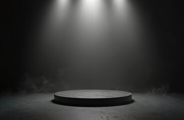 Aufkleber - Black round podium in dark studio with spotlights. Empty stage with smoke effect. Blank platform for product presentation. Modern minimalist design. 3D rendering concept.