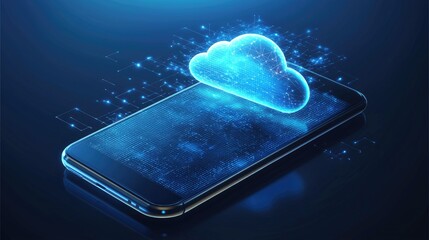 Aufkleber - Digital glowing cloud hovering above a smartphone with grid data effects, symbolizing mobile cloud technology and data transfer. Perfect for tech, apps, and IT services
