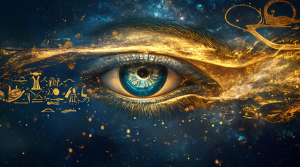 Wall Mural - Surreal artwork featuring the eye of horus with golden hieroglyphs and abstract cosmic waves in deep blue and gold, evoking ancient mysticism. ai generative. Mystic Relic. Illustration