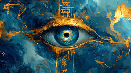 Wall Mural - Surreal artwork featuring the eye of horus with golden hieroglyphs and abstract cosmic waves in deep blue and gold, evoking ancient mysticism. ai generative. Mystic Relic. Illustration