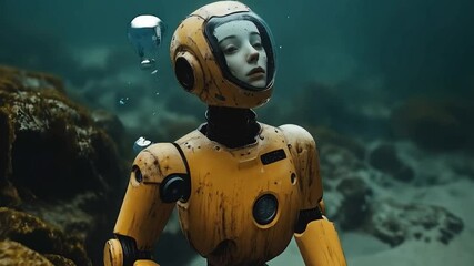 Aufkleber - A robotic diver conducts an underwater exploration in the ocean's depths, gathering data and insights for marine research. This expedition utilizes advanced technology to study marine life.
