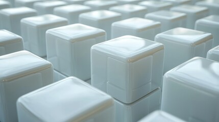 Poster - Abstract Composition of Glossy White Cubes,  Minimalist Geometric Design,  Clean Lines,  Reflective Surfaces,  Modern Art