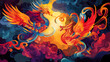 © Thiago - Dragon and phoenix in a dance of fire and rebirth, eternal love. Eternal Mythos. Illustration