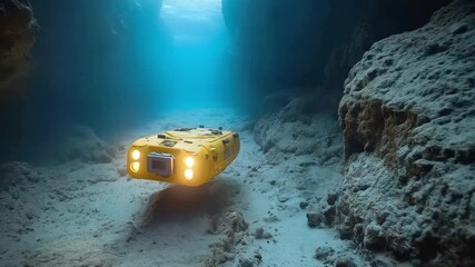 Aufkleber - A robotic submersible maneuvers through rocky underwater terrain, exploring ocean depths for research. This expedition aims to gather data on marine life and geological features.