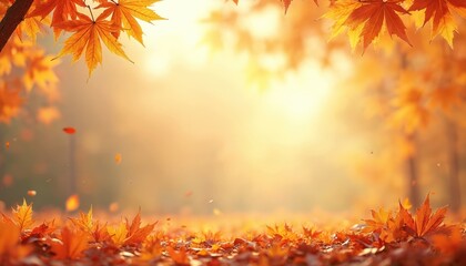 Poster - Autumnal maple leaves border in a vibrant warm scene. Orange, yellow, red colours leaves on ground and upper frame. Sun rays, bokeh light shining. Fall season background.