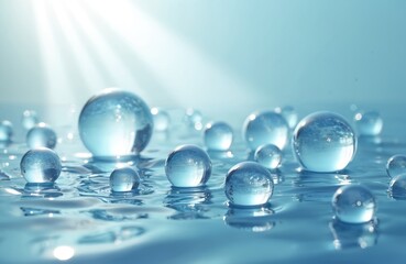 Leinwandbilder - Transparent spheres float on water surface reflecting light, creating visual effects. Pure water droplets, sphere shape, liquid surface, 3d illustration for cosmetic, healthcare, eco themes. Abstract