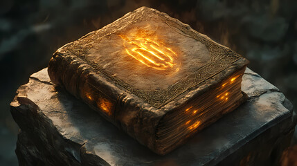 Wall Mural - A legendary tome resting on an ancient pedestal, bound in leather with glowing runes carved into its surface, humming with mystical energy. Legendary Tome. Illustration