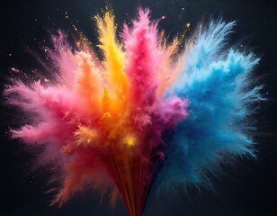 Aufkleber - Vibrant explosion of colorful powder. Abstract art with dynamic burst of pink, yellow, orange, blue hues against black background. Artistic representation of celebration, joy, energy, creativity,