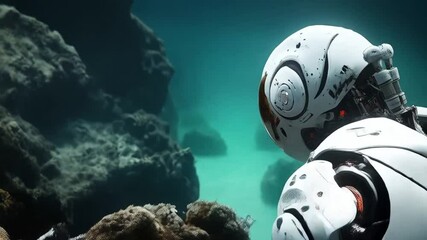 Aufkleber - A robotic explorer navigates rocky underwater terrain during a deep-sea research expedition. The technology aims to collect data, aiding understanding of marine ecosystems and geological formations.