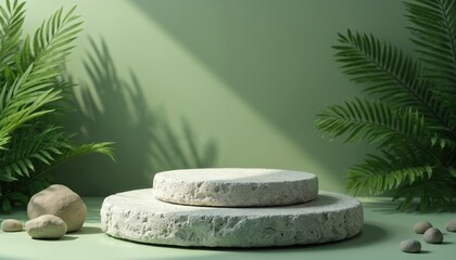 Aufkleber - Abstract rock podium platform with green leaf shadow. Nature cosmetic stage scene with palm leaves. Empty product display mockup, banner, showcase for beauty, sale, design, advertising.
