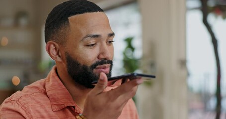 Aufkleber - Man, phone call and talking on loudspeaker in house for conversation, communication and voice note. Mobile, male person and speaking in home for recording with audio, microphone and chat with friend
