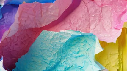 Poster - Multiple sheets of vibrant crepe paper in shades of blue, purple, pink, and yellow are artfully arranged, showcasing their textured surfaces and colors in natural light.