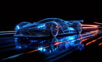 Poster - Digital Car Illustration With Blue Lights Speeding Across Black Background
