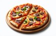 © miss irine - Delicious Mexican pizza served on wood plate isolated white. Cut pizza slices. Includes cheese, meat slices, red bell peppers, onion rings, tomato sauce. Italian cuisine fast food. Perfect image for