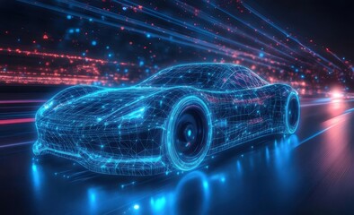Poster - Digital Futuristic Car Displaying Data Flow and Light Trails on Reflective Road