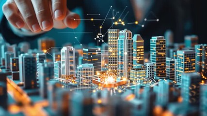 Aufkleber - A hand reaches toward a detailed model of a modern city skyline, emphasizing the use of artificial intelligence in real estate design and urban planning.