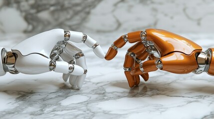 Poster - The Robotic Connection: A futuristic image of two robotic hands reaching towards each other, symbolizing connection, collaboration, or the future of technology.
