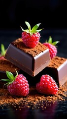 Poster - Chocolate desserts topped with raspberries and cocoa powder on a black surface.