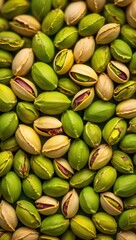 Aufkleber - A close-up view of green nuts in their shells, with some already cracked open to reveal the seed inside.