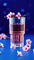 Poster - A glass of pink wine on a blue surface, surrounded by cherry blossom petals.
