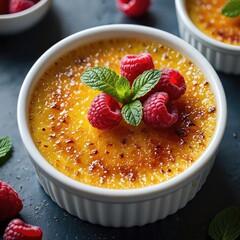 Poster - A white bowl filled with raspberry cheesecake topped with fresh raspberries and mint leaves, sitting on a dark surface.