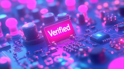 Poster - Neon Pink Verified Sign on Futuristic Circuit Board Technology