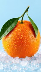 Aufkleber - A ripe orange with droplets of water on it, sitting on ice cubes.
