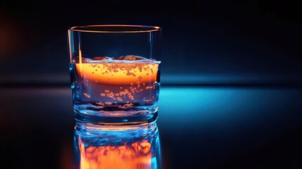 Poster - Transparent Glass With Bubbles Reflecting Blue And Orange Light Against Dark Background