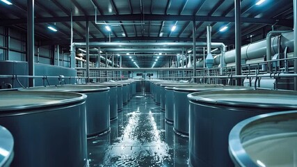 Aufkleber - This Rows of large storage tanks filled with liquid in a dimly lit manufacturing space.
