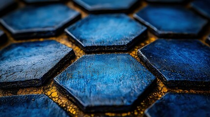 Poster - Abstract Blue Hexagon Tiles on Golden Background: A Close-Up Macro Photography